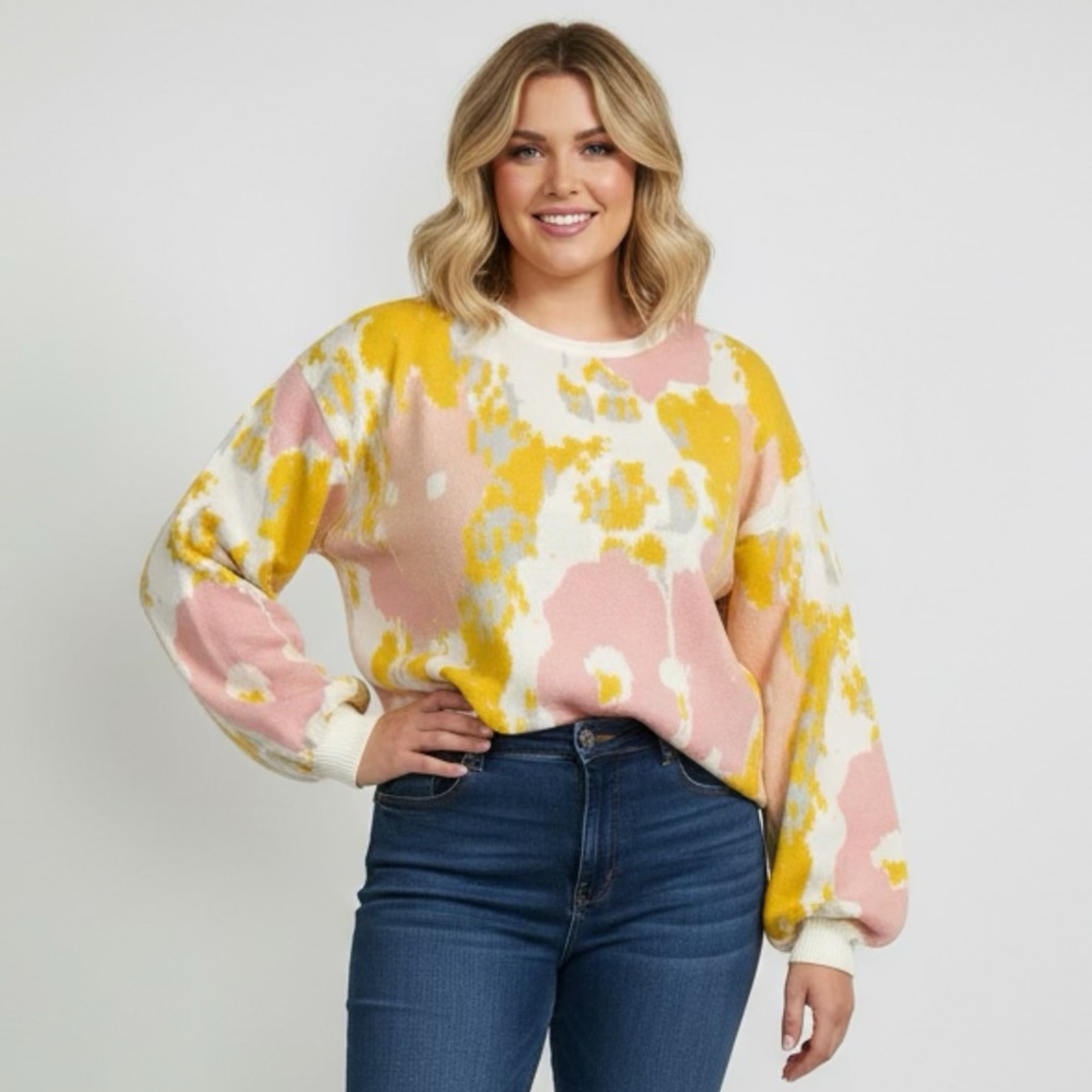 CYRUS Abstract Floral Knit Crewneck Sweater size Large Soft Vibrant Top